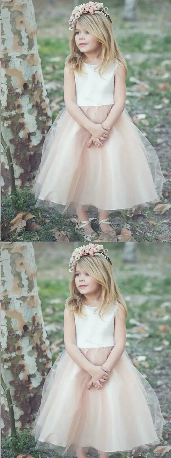 A-Line Bateau Tea-Length Blush Tulle Flower Girl Dress,Cheap Flower Girl Dresses ,FGY0224