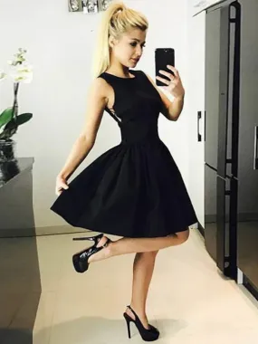 A Line Round Neck Short Black Satin Prom Dresses, Short Black Formal Homecoming Graduation Dresses