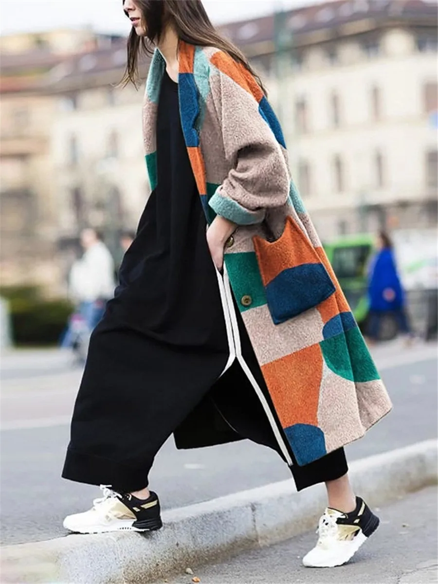 Autumn and winter fashion loose lapel printed long sleeve pocket coat