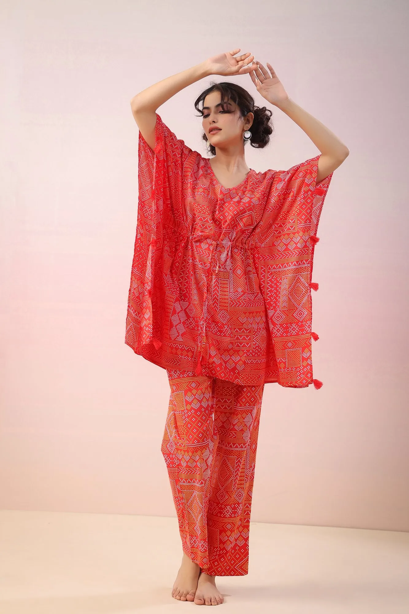 Bandhej on Red Kaftan Co-ord Set