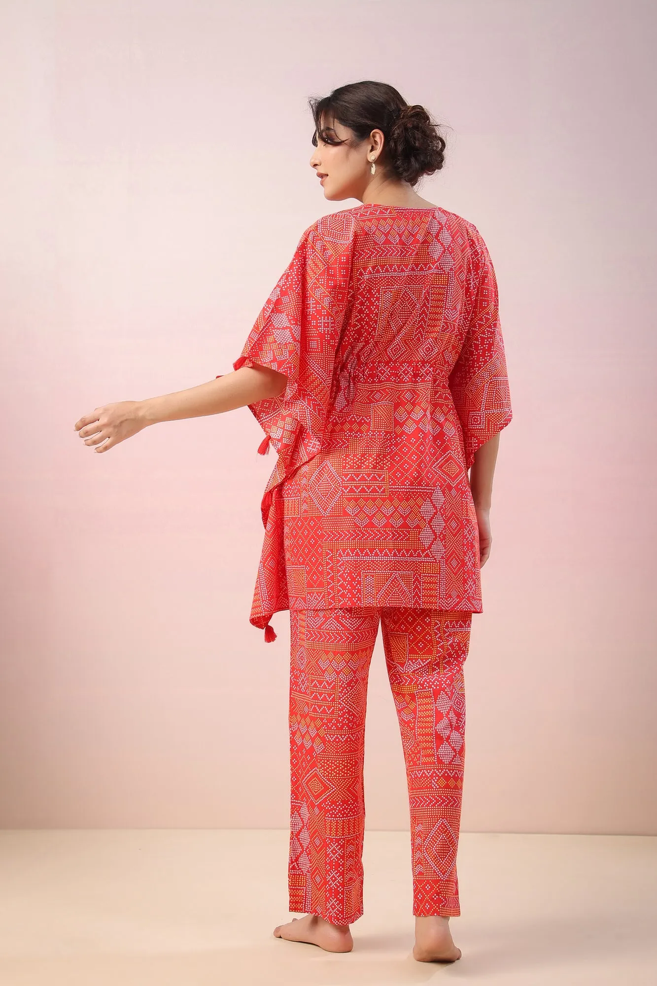 Bandhej on Red Kaftan Co-ord Set