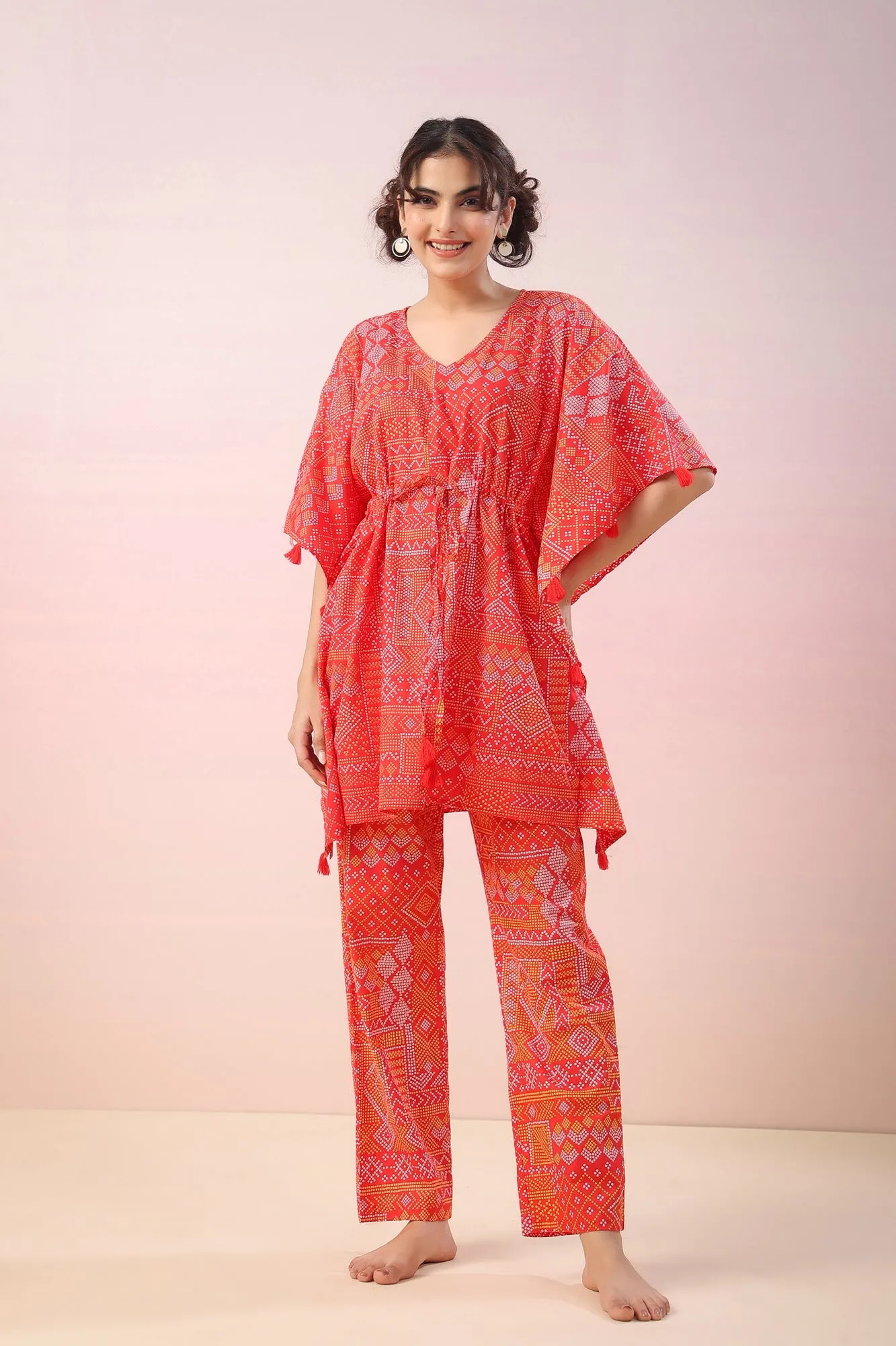 Bandhej on Red Kaftan Co-ord Set