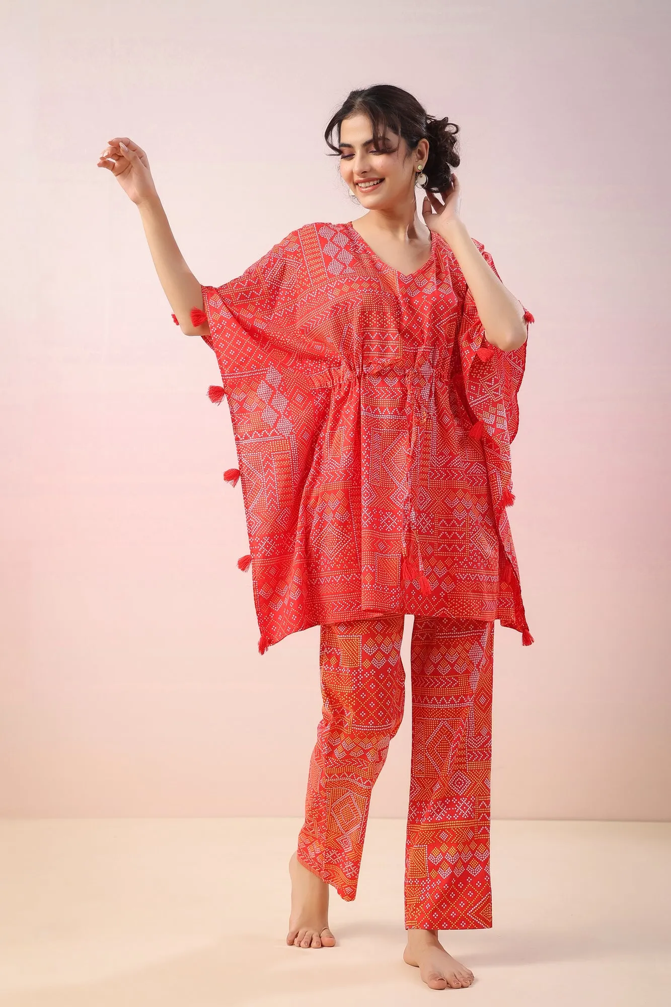 Bandhej on Red Kaftan Co-ord Set