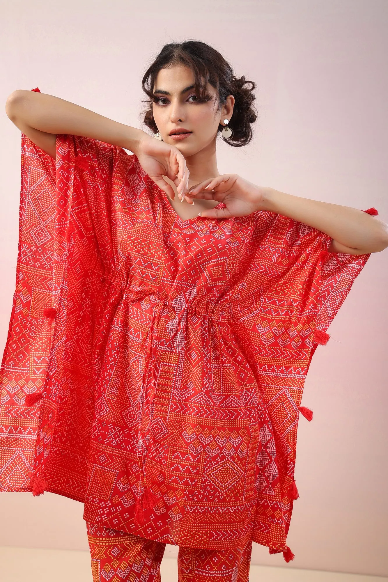 Bandhej on Red Kaftan Co-ord Set