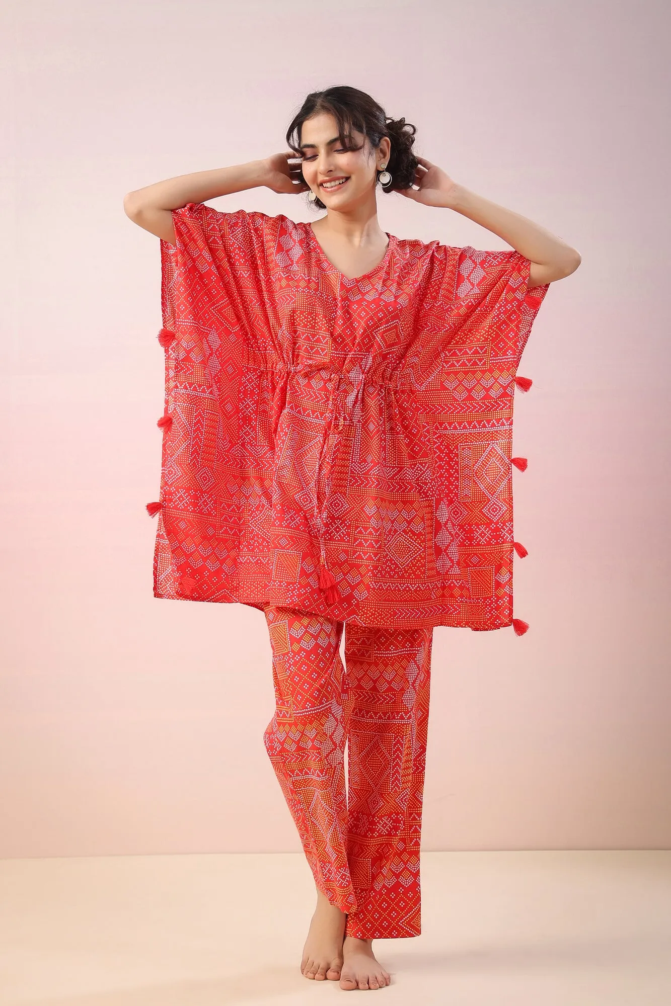 Bandhej on Red Kaftan Co-ord Set