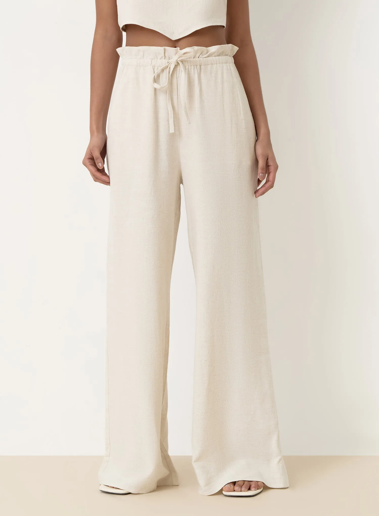 Beige Linen Drawstring Waist Trouser- Tulum