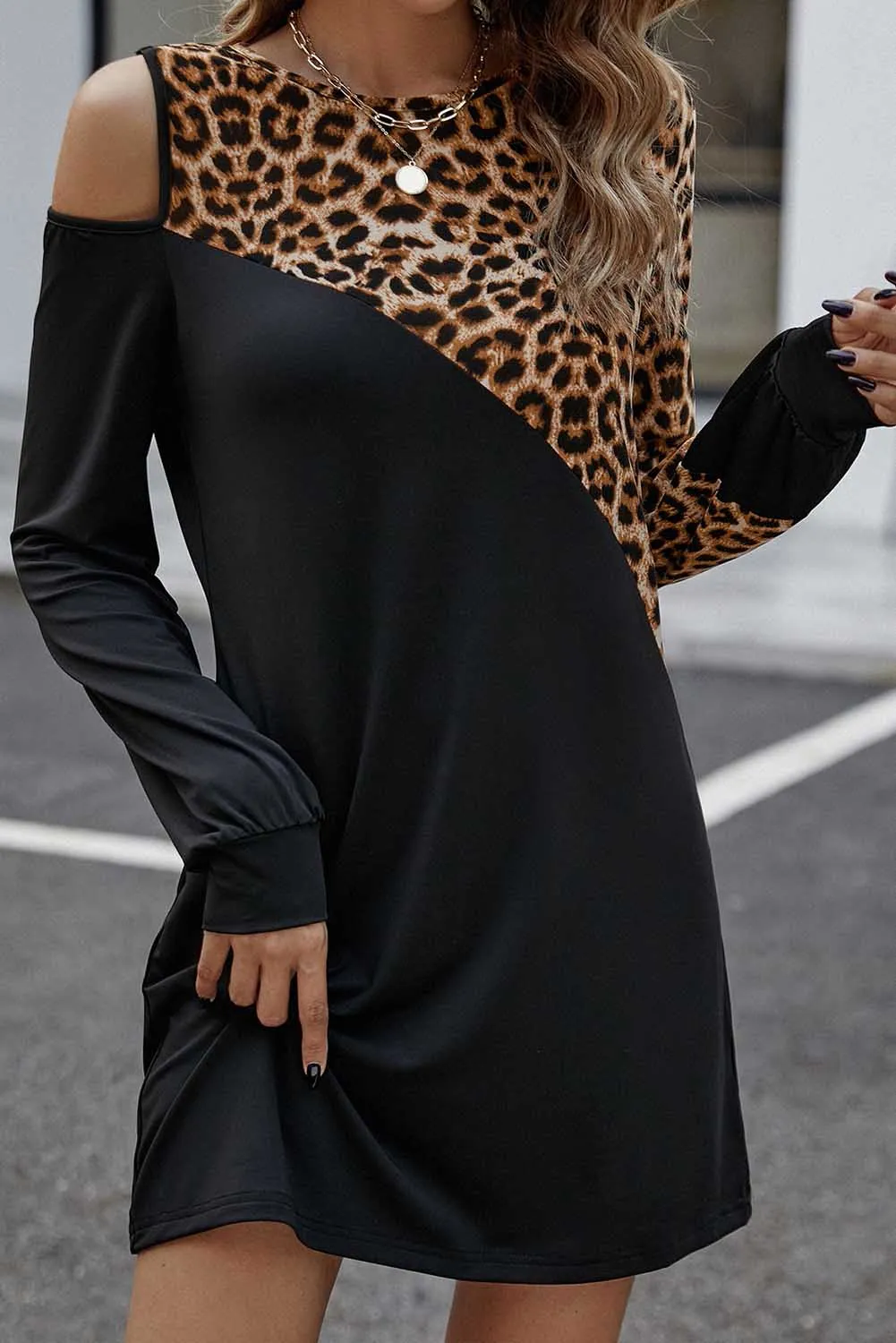 Black Cold Shoulder Leopard Print Mini Dress