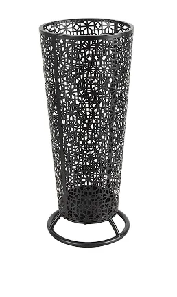 BLACK METAL GEOMETRIC CONE SHAPED UMBRELLA STAND WITH CIRCULAR RING BASE, 11" X 11" X 25"