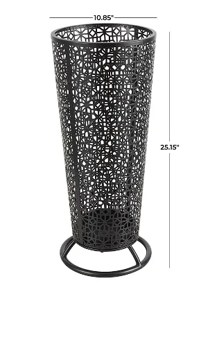 BLACK METAL GEOMETRIC CONE SHAPED UMBRELLA STAND WITH CIRCULAR RING BASE, 11" X 11" X 25"