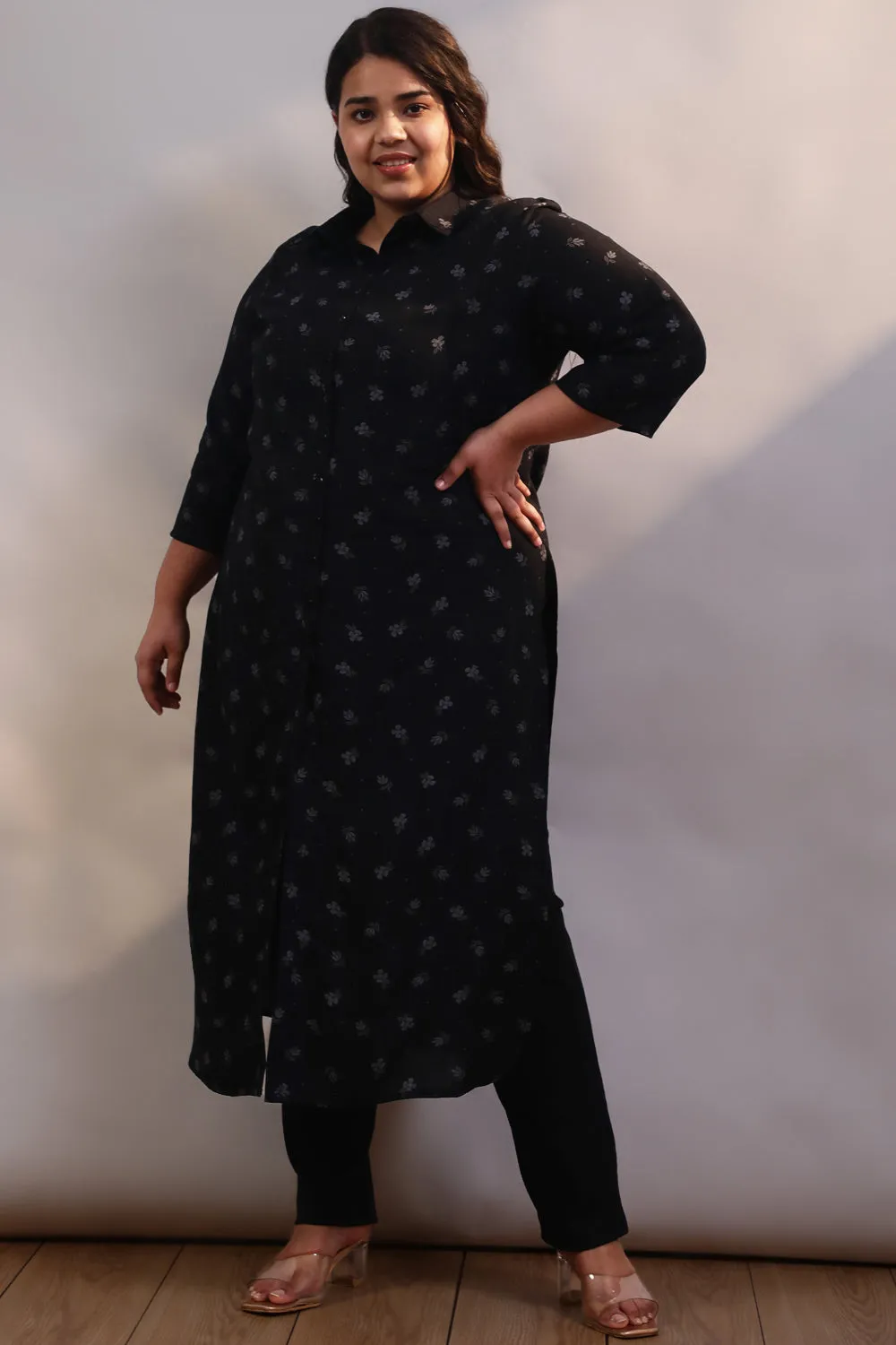 Black Print Cotton Linen Kurta Shrug