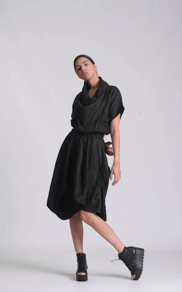 Cowl Neck Linen Dress In Black