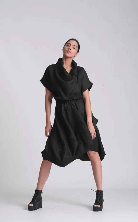 Cowl Neck Linen Dress In Black