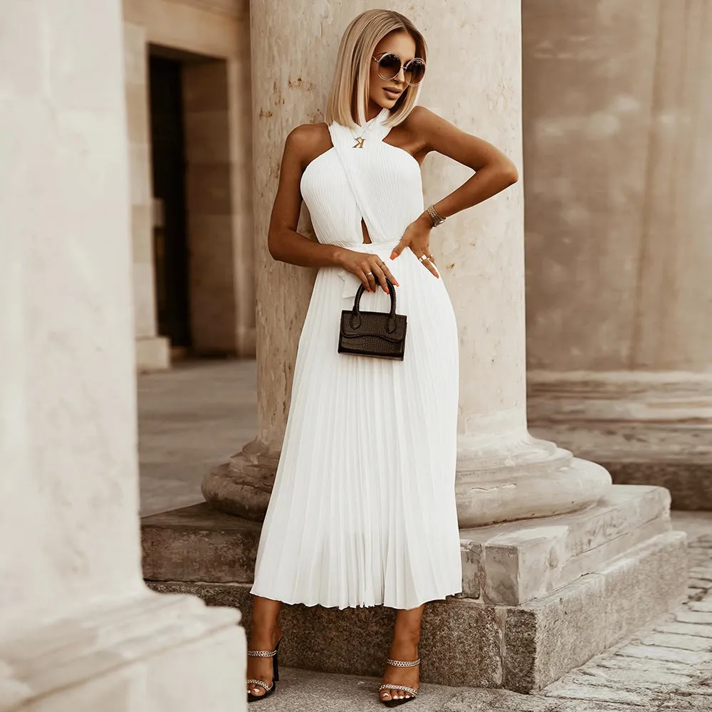 Crisscross Halter Ruffled Maxi Dresses