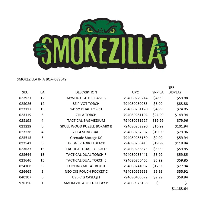 Curated Smokezilla Top Sellers Assorted Smoking Accessories Floor Display 88549