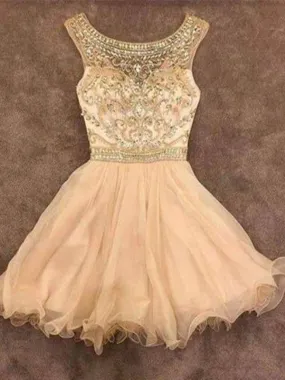 Custom Made A Line Round Neck Champagne Short Prom Dresses, Short Homecoming Dress, Graduation Dresses