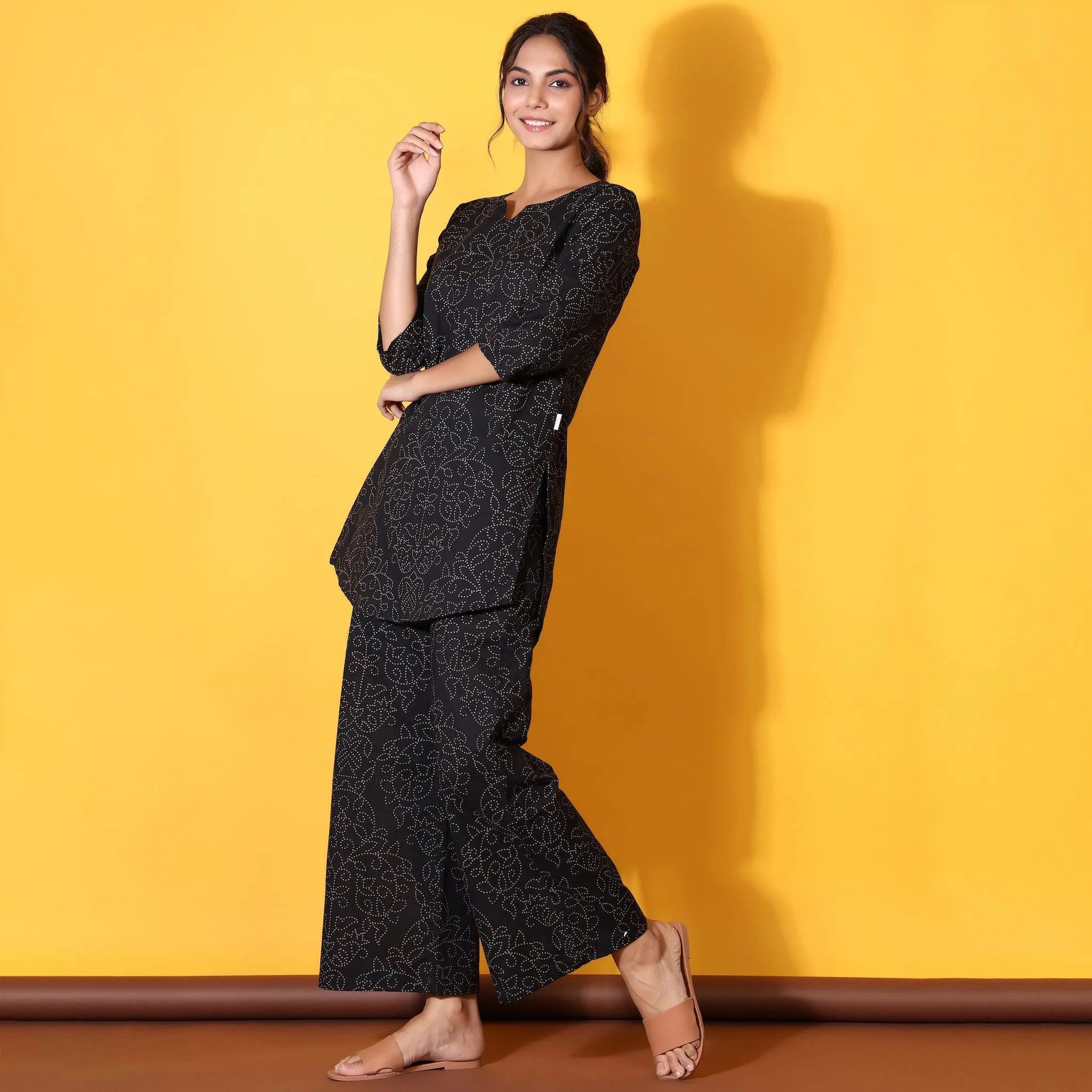 Floral Bandhani Motifs on Black Loungewear