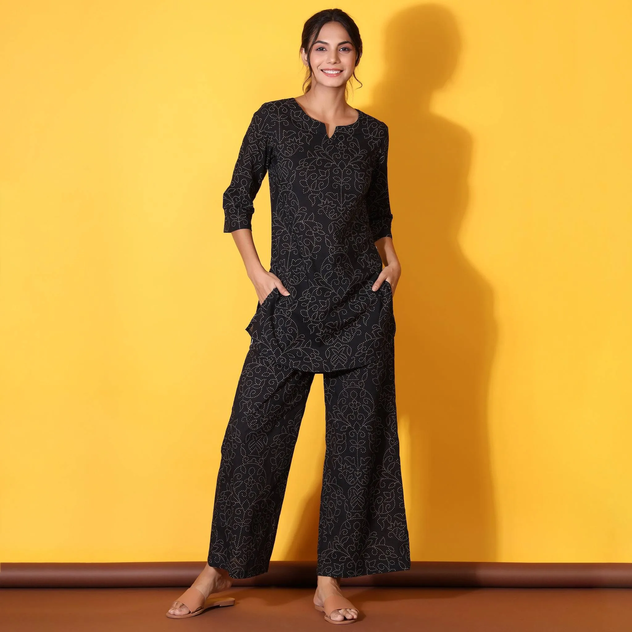 Floral Bandhani Motifs on Black Loungewear