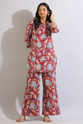 Floral Jaal on Cotton Red Lounge Set