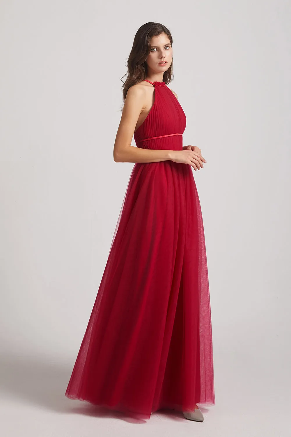 Halter Pleated Criss-Cross Tulle Bridesmaid Dresses (AF0035)