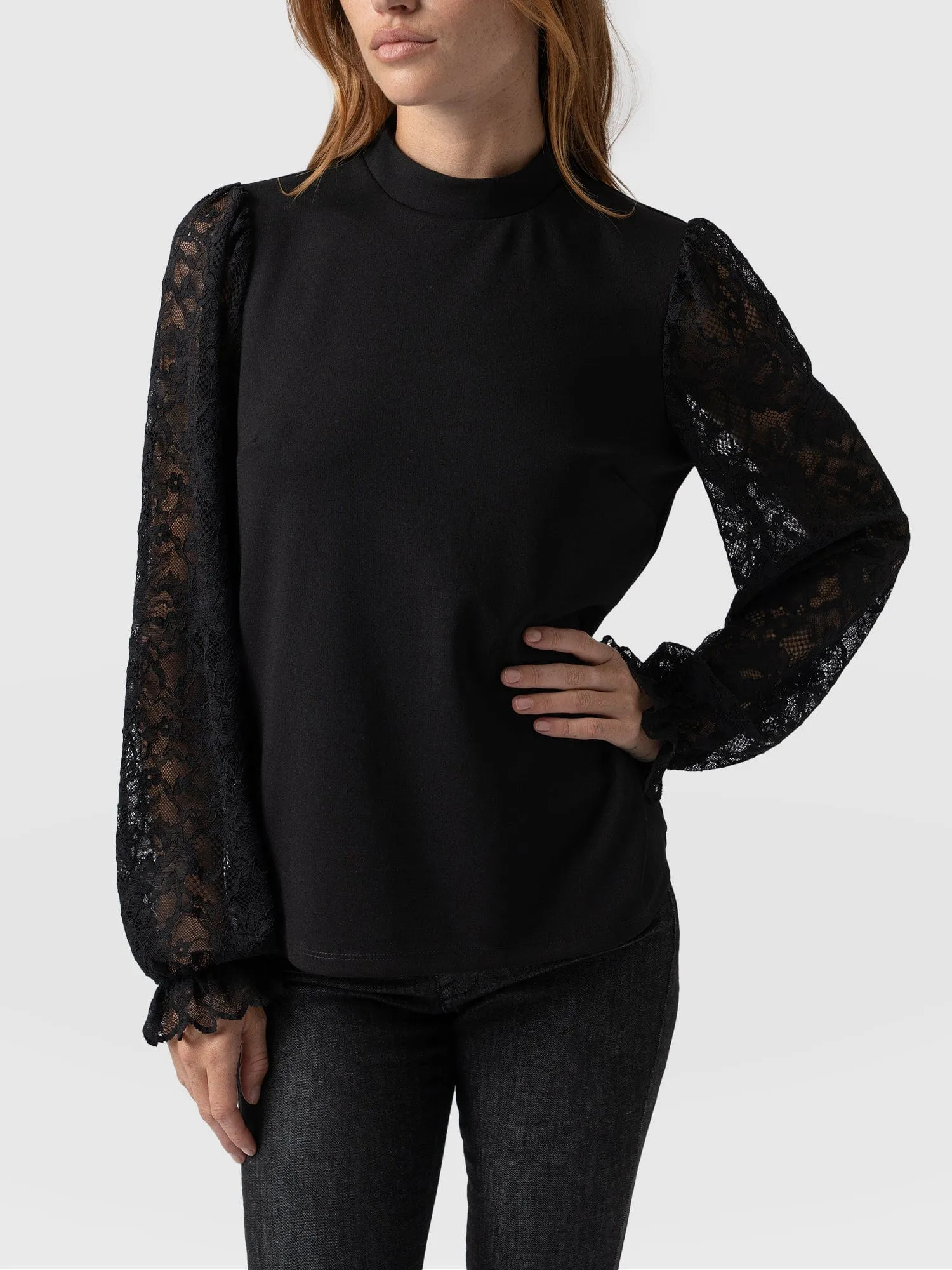 Lace Penny Puff Long Sleeve Top - Black