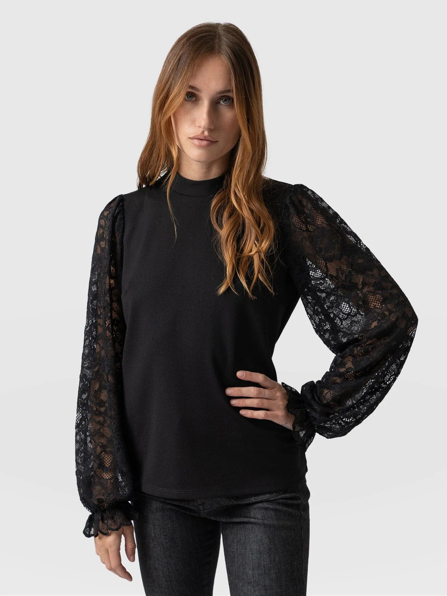 Lace Penny Puff Long Sleeve Top - Black