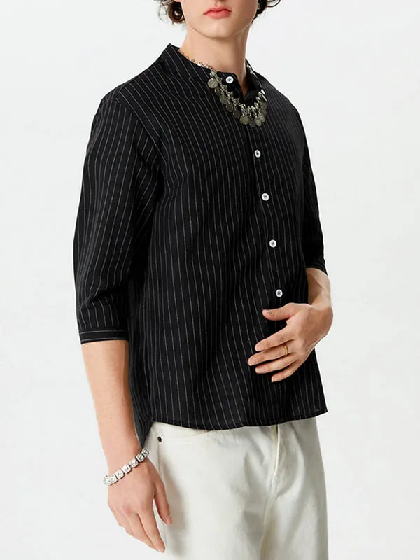 Mens Cotton Linen Striped Stand Collar Shirts SKUE65653