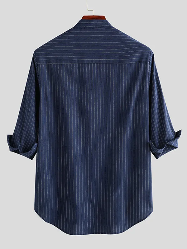 Mens Cotton Linen Striped Stand Collar Shirts SKUE65653