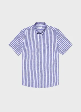 Men's Short Sleeve Linen Shirt in Navy/White