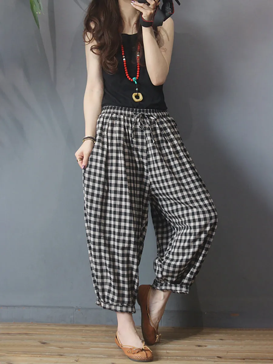 Plus Size Summer Plaid Drawstring Cotton Linen Harem Pants